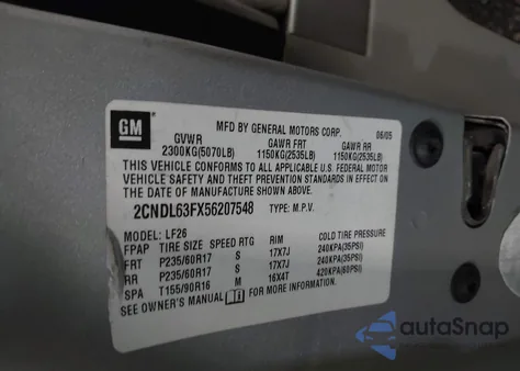 2005 Chevrolet Equinox Lt from USA, damaged, VIN 2CNDL63FX56207548